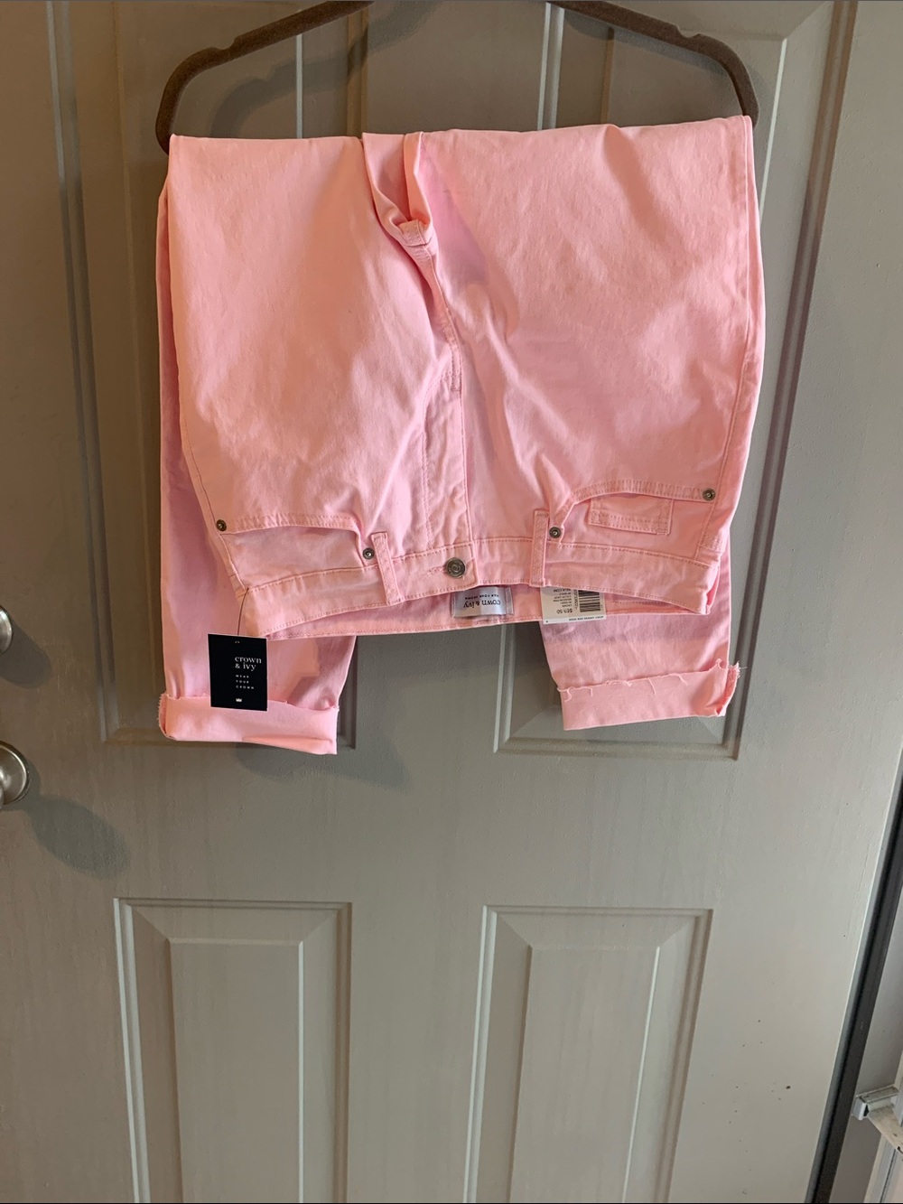 Crown & Ivy Light Pink Jeans Size 8 NEW High rise Skinny Crop hem less 5 Pockets - Picture 1 of 6